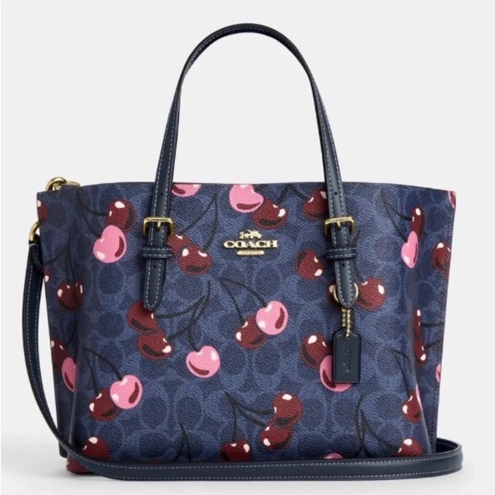 Coach Mollie Tote Bag 25 In Signature Canvas Blue With Cherry Print (CZ772) - Picture 1 of 5